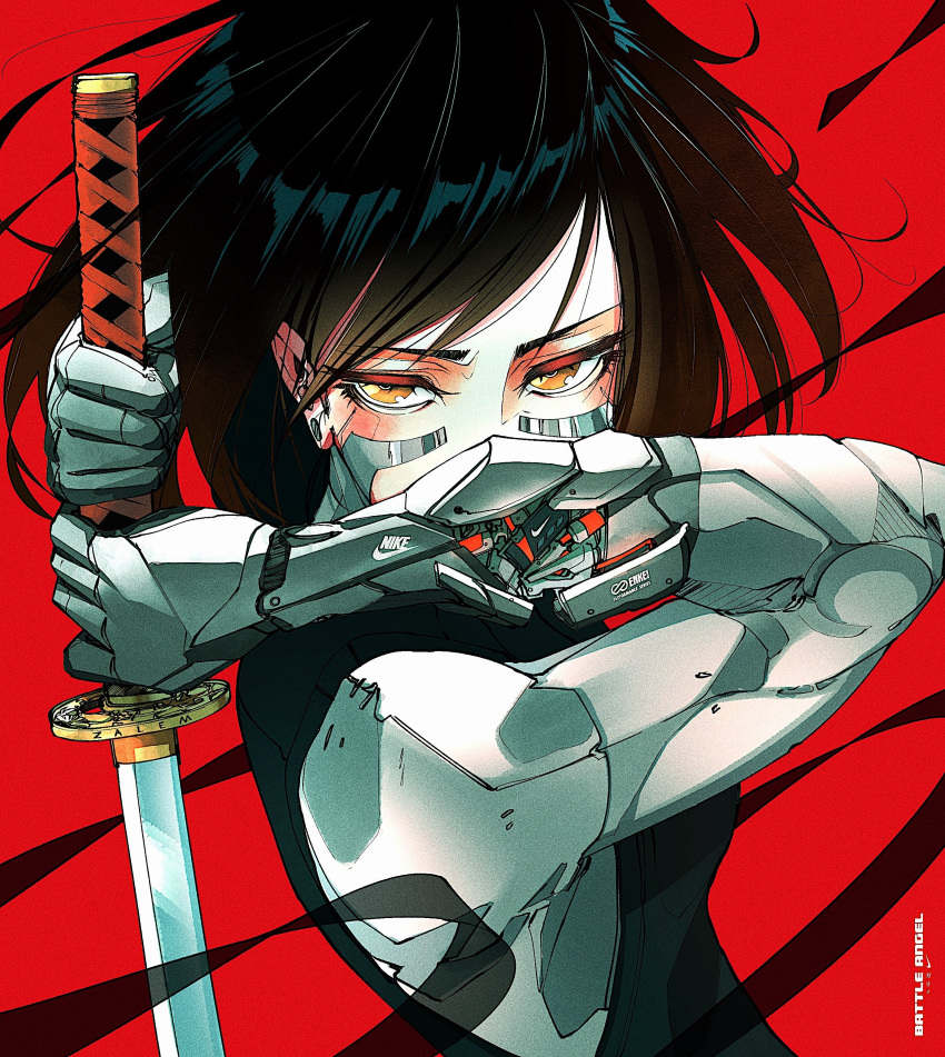 1girl absurdres alternate_weapon bangs black_hair brown_eyes commentary covered_mouth cyberpunk cyborg english_commentary gally gunnm highres jitome katana mechanical_arms medium_hair red_background serious sleeveless solo swept_bangs sword sword_behind_back vest vinne weapon