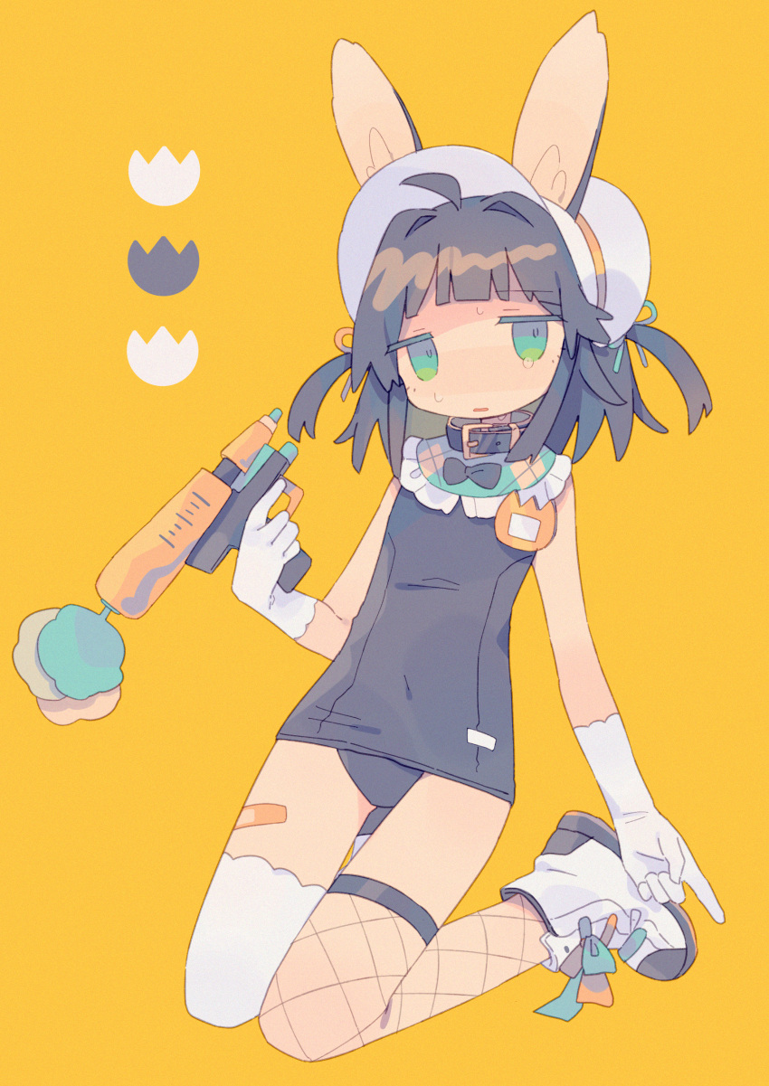 1girl absurdres animal_ears arm_at_side asymmetrical_legwear bandaid bow carrot collar covered_navel daizu_(melon-lemon) flower frills from_side gloves green_eyes gun hand_up highres holding holding_gun holding_weapon index_finger_raised looking_at_viewer muted_color name_tag no_nose old_school_swimsuit one-piece_swimsuit original parted_lips rabbit_ears ribbon school_swimsuit simple_background solo sweat swimsuit tulip weapon white_footwear white_gloves yellow_background