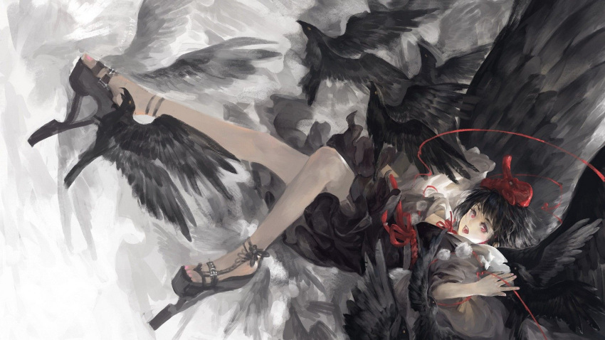 1girl artist_request bird black_footwear black_hair black_kimono black_wings crow full_body highres japanese_clothes kimono looking_at_viewer mask mask_on_head open_mouth pom_pom_(clothes) red_eyes red_string shameimaru_aya short_hair short_kimono solo string tengu_mask touhou wings