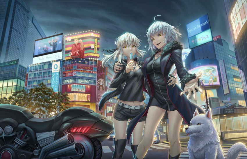 2girls artoria_pendragon_(all) belt black_jacket black_ribbon black_shirt black_shorts city commentary_request dog fate_(series) fur_trim ground_vehicle hair_between_eyes hair_ribbon highres ho-oh_(artist) jacket jeanne_d'arc_(alter)_(fate) jeanne_d'arc_(fate)_(all) long_hair looking_at_viewer motor_vehicle motorcycle multiple_girls ponytail purple_jacket ribbon saber_alter shirt short_hair short_shorts shorts silver-hair white_belt