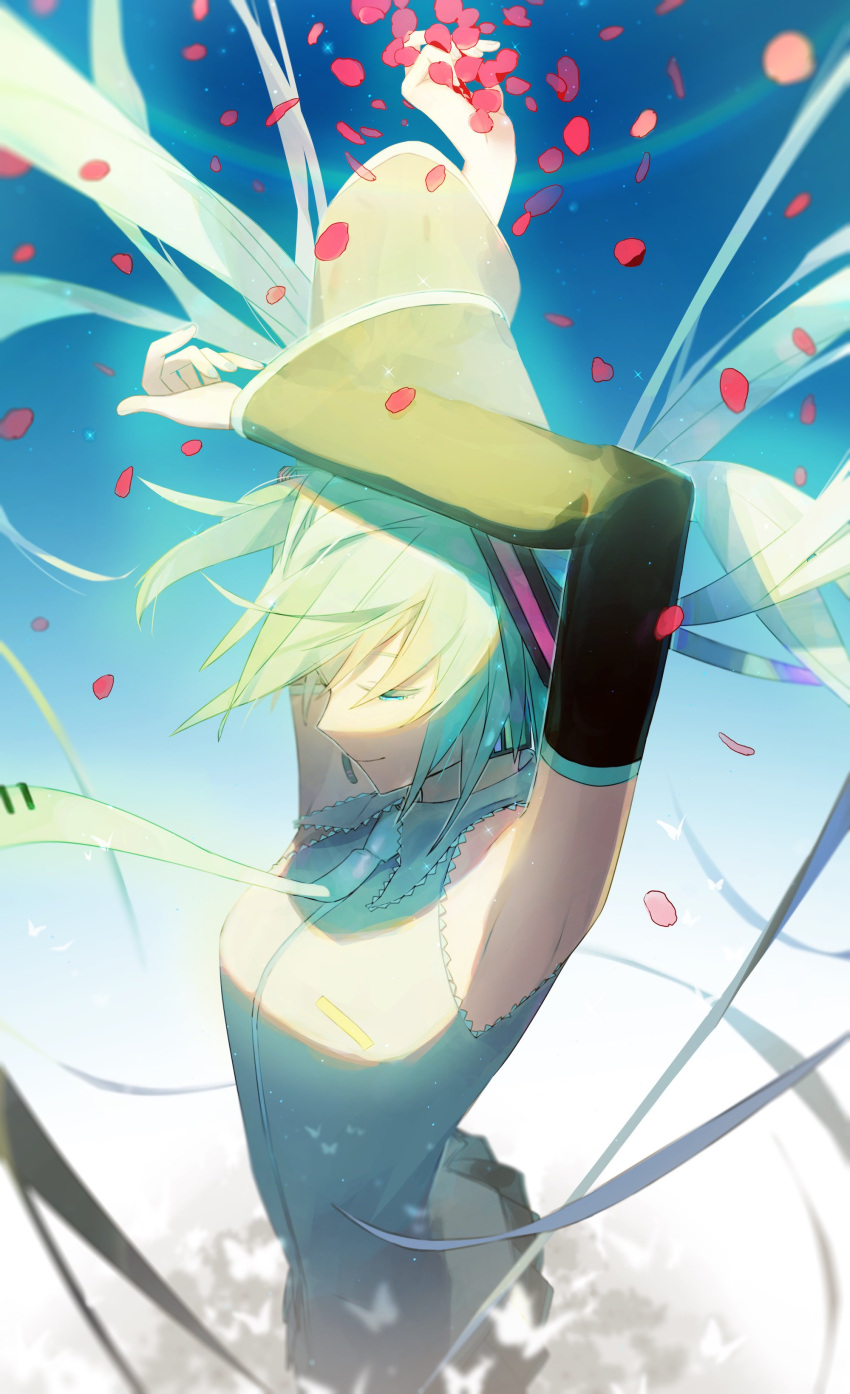 1girl absurdres agyou_sonokou_l armpits arms_up backlighting blue_background blue_eyes blue_hair blue_nails blurry breasts bug butterfly clothes_lift commentary_request detached_sleeves fingernails floating_hair flower glowing glowing_eyes gradient gradient_background half-closed_eyes hatsune_miku highres insect light_particles light_smile long_hair looking_down necktie petals profile red_flower shirt simple_background sleeveless sleeveless_shirt small_breasts smile solo sparkle sunlight upper_body very_long_hair vocaloid white_background white_butterfly