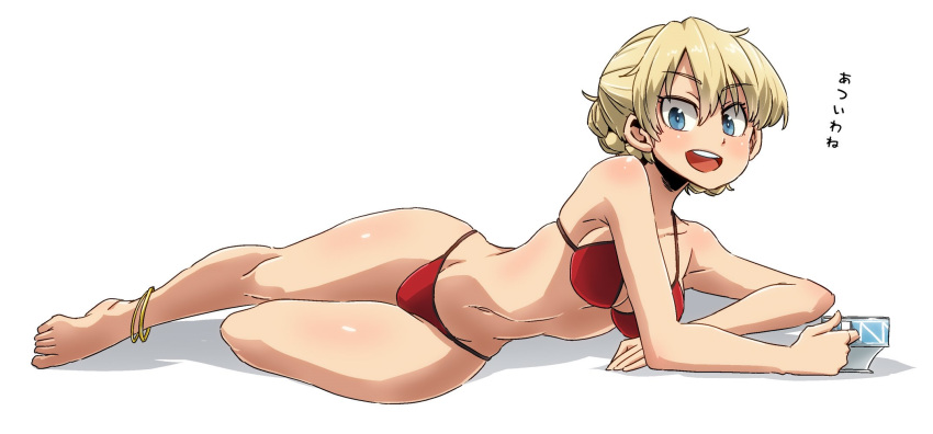 1girl anklet aono3 arm_support bangs bikini blonde_hair blue_eyes braid breasts commentary cup darjeeling eyebrows_visible_through_hair full_body girls_und_panzer highres holding holding_cup jewelry leg_up legs looking_at_viewer lying medium_breasts navel on_side open_mouth red_bikini shadow short_hair simple_background smile solo swimsuit teacup tied_hair translated twin_braids white_background