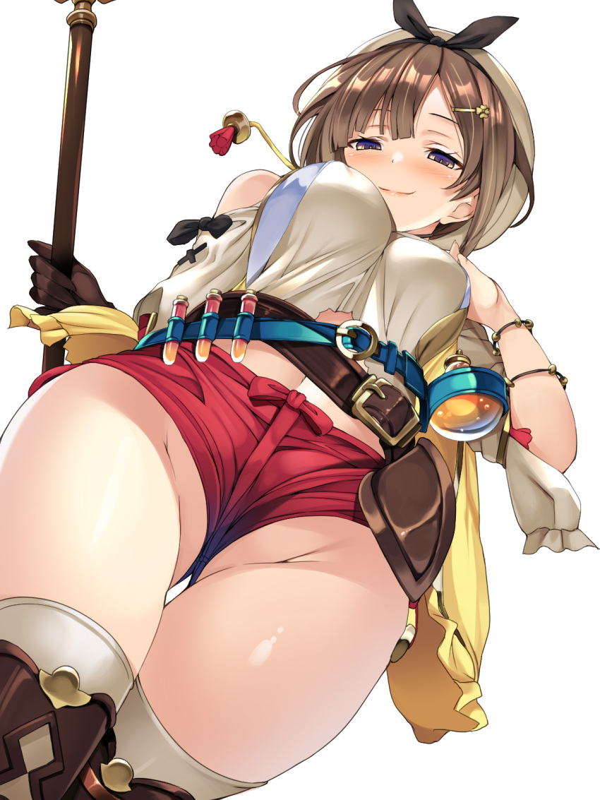1girl atelier_(series) atelier_ryza bangs bare_shoulders belt blue_belt blush boots breasts brown_belt brown_footwear brown_gloves brown_hair camisole cowboy_shot drawstring eyebrows_visible_through_hair flask from_below gloves groin hair_ornament hairclip half-closed_eyes highres holding holding_staff hood jacket leather leather_belt leather_gloves legs_together multiple_views open_clothes open_jacket red_shorts reisalin_stout round-bottom_flask short_hair short_shorts shorts single_glove sleeveless sleeveless_jacket staff thigh-highs thigh_boots thigh_pouch thighs torisan vial violet_eyes white_headwear white_legwear yellow_jacket