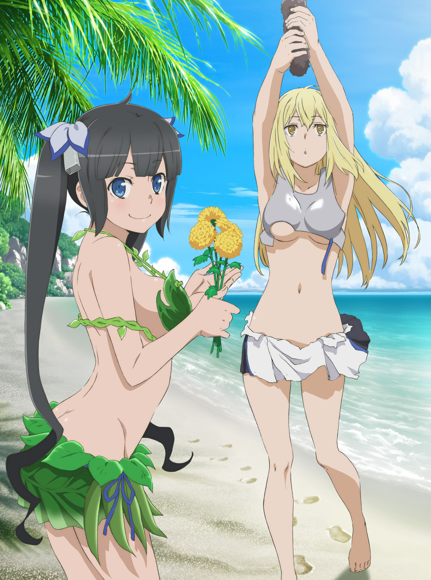 2girls absurdres aiz_wallenstein animal armor arms_up barefoot beach black_hair blonde_hair blue_eyes blue_sky breasts chestnut_mouth cliff clouds cloudy_sky dungeon_ni_deai_wo_motomeru_no_wa_machigatteiru_darou_ka flower footprints forest hestia_(danmachi) highres hill holding holding_animal holding_flower horizon large_breasts leaf_bikini leaf_clothing leaf_skirt long_hair looking_at_viewer looking_up mountain multiple_girls nature navel official_art open_mouth rock sea_cucumber sky smile stomach twintails under_boob yellow_eyes