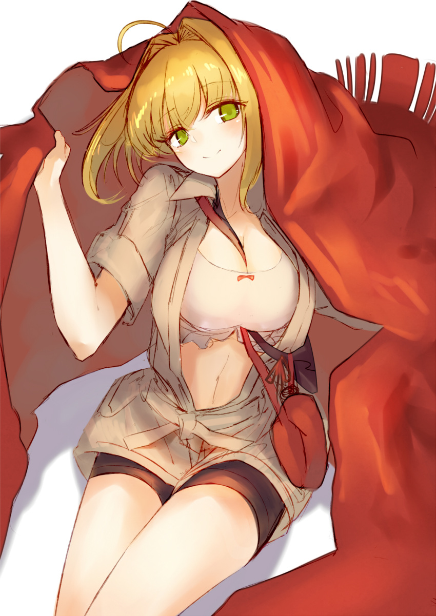 1girl ahoge bag bangs beige_jacket between_breasts bike_shorts black_shorts blanket blonde_hair blush braid breasts closed_mouth fate/extra fate/grand_order fate_(series) french_braid green_eyes hair_between_eyes hair_bun heroic_spirit_traveling_outfit highres jazztaki large_breasts long_hair looking_at_viewer navel nero_claudius_(fate) nero_claudius_(fate)_(all) short_sleeves shorts shoulder_bag simple_background smile solo strap_between_breasts thighs white_background