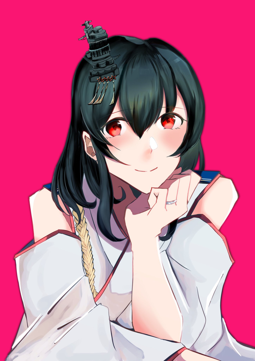 1girl aiguillette black_hair detached_sleeves hair_ornament hand_on_own_chin highres jewelry kantai_collection looking_at_viewer pink_background red_eyes ring rope short_hair simple_background smile solo uminoso5 upper_body wedding_band wide_sleeves yamashiro_(kantai_collection)
