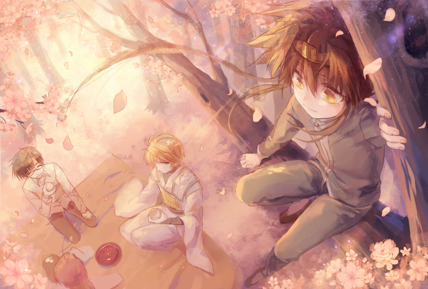 4boys ahoge blonde_hair brown_hair cherry_blossoms cho_hakkai closed_eyes cup expressionless full_body genjou_sanzou glasses highres in_tree long_hair male_focus max_(744275974) multiple_boys petals redhead saiyuki sakazuki seiza sha_gojou sitting sitting_in_tree son_goku_(saiyuki) tree yellow_eyes