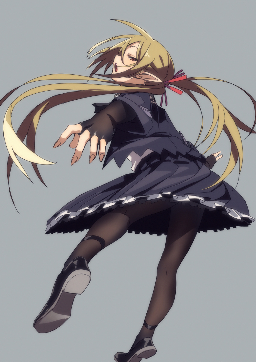 1girl absurdres back black_gloves black_legwear blonde_hair blue_background fang flower fu-ta gloves highres looking_at_viewer mary_janes open_mouth pantyhose pointy_ears red_eyes shoes simple_background skirt solo twintails