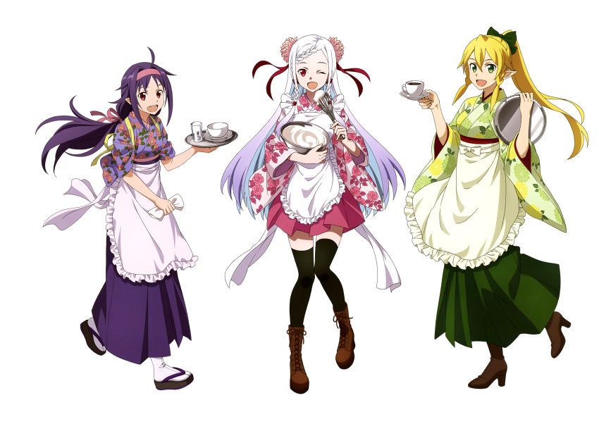 3girls absurdres apron artist_request baking blonde_hair cooking green_eyes highres leafa long_hair multiple_girls red_eyes sword_art_online sword_art_online_the_movie:_ordinal_scale yuna_(sao) yuuki_(sao)