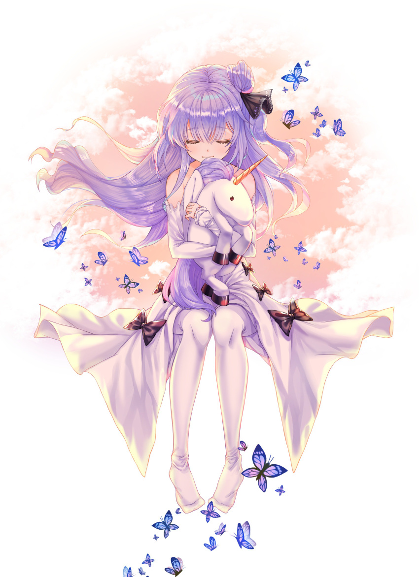 1girl absurdres azur_lane bare_shoulders black_bow bow bug butterfly closed_eyes commentary_request detached_sleeves doll_hug dress facing_viewer floating_hair hair_bun highres insect invisible_chair long_hair long_sleeves no_shoes one_side_up pantyhose purple_hair sitting solo stuffed_alicorn ueng unicorn_(azur_lane) white_dress white_legwear