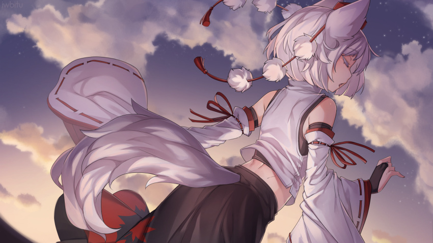 1girl animal_ears artist_name bare_shoulders black_gloves black_shirt black_skirt bridal_gauntlets closed_eyes clouds colored_eyelashes commentary cowboy_shot crop_top detached_sleeves dutch_angle from_behind gloves hat highres inubashiri_momiji iwbitu-sa leaf_print long_sleeves maple_leaf_print midriff open_mouth outdoors pom_pom_(clothes) red_headwear red_ribbon ribbon ribbon-trimmed_sleeves ribbon_trim russian_commentary shirt short_hair skirt sky solo standing tail tassel tokin_hat touhou watermark white_hair white_shirt wide_sleeves wolf_ears wolf_tail