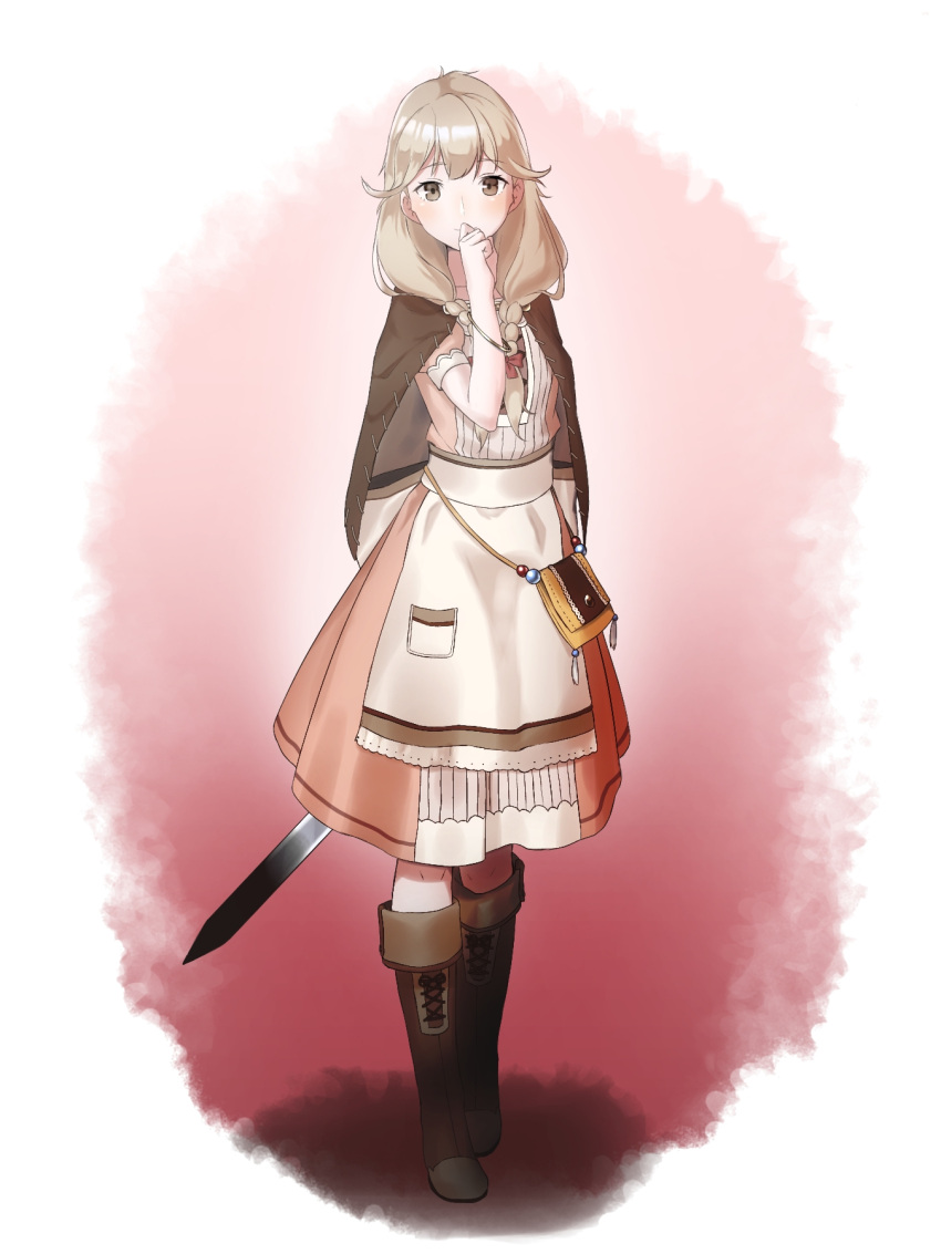 1girl apron bag blonde_hair blush boots bow braid brown_eyes cape faye_(fire_emblem) fire_emblem fire_emblem_echoes:_shadows_of_valentia full_body highres long_hair pocklepockle25 solo sword twin_braids weapon white_background