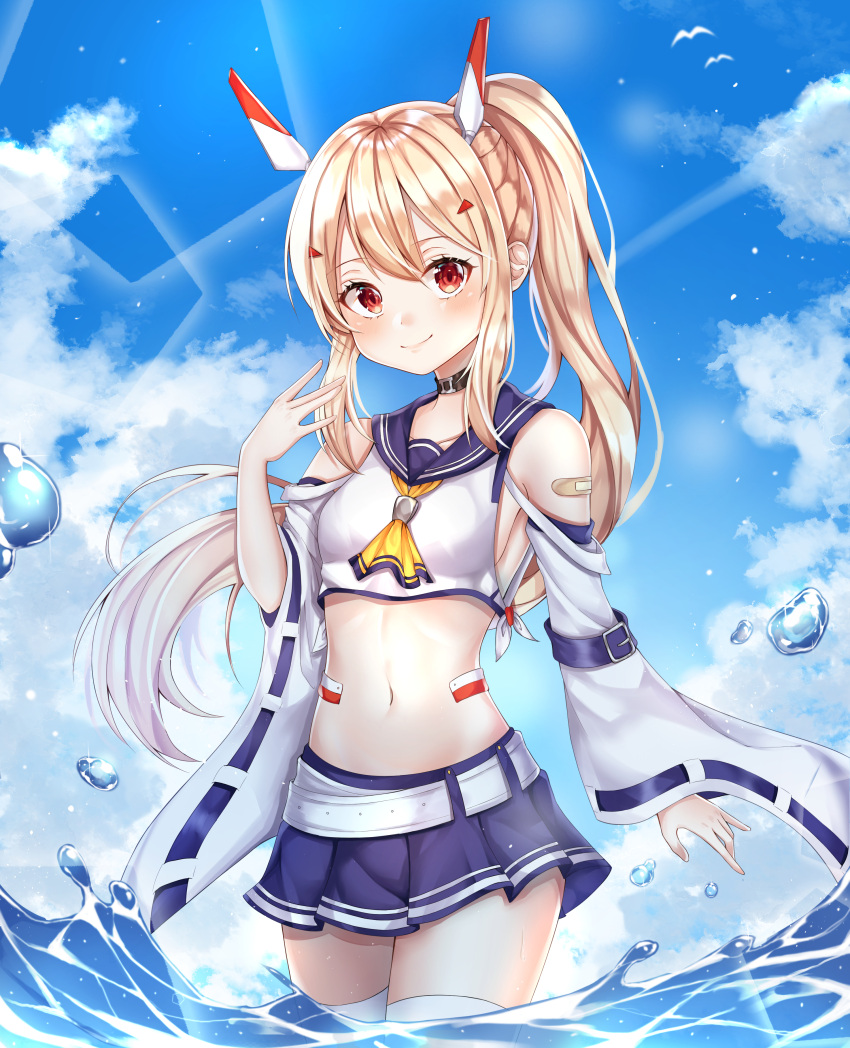 1girl absurdres ascot ayanami_(azur_lane) azur_lane bare_shoulders belt blue_sailor_collar blue_skirt blue_sky breasts brown_hair choker clouds collarbone crop_top dani_(daniel) detached_sleeves hair_ornament hand_up headgear highres long_hair long_sleeves looking_at_viewer midriff miniskirt navel outdoors pleated_skirt ponytail red_eyes retrofit_(azur_lane) sailor_collar shirt sidelocks skirt sky small_breasts smile solo standing stomach sunlight thigh-highs very_long_hair wading water white_legwear white_shirt wide_sleeves zettai_ryouiki