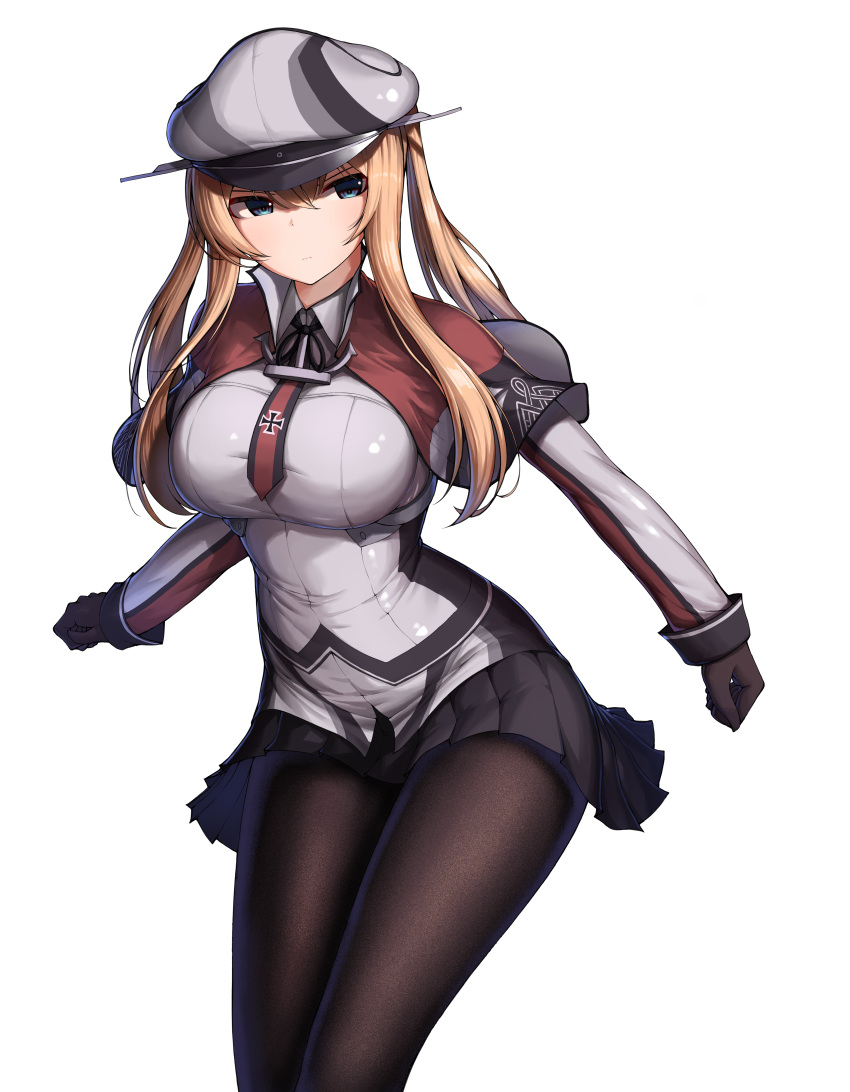 1girl absurdres black_gloves black_legwear black_skirt blonde_hair blue_eyes breasts capelet cross fine_fabric_emphasis gloves graf_zeppelin_(kantai_collection) hair_between_eyes hat highres huge_filesize impossible_clothes jacket kagi_f kantai_collection large_breasts long_hair looking_at_viewer military military_uniform miniskirt necktie pantyhose peaked_cap sidelocks simple_background skirt sleeve_cuffs solo tsurime twintails uniform white_background