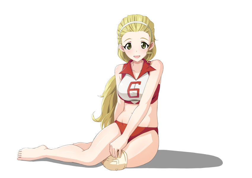 1girl adapted_costume arm_behind_back barefoot beach_volleyball blonde_hair brown_eyes commentary decembrachiata girls_und_panzer groin hair_pulled_back hairband hand_on_own_knee highres knee_pads long_hair looking_at_viewer navel open_mouth ponytail sasaki_akebi shadow simple_background sitting smile solo sports_bikini sportswear volleyball_uniform white_background white_hairband yokozuwari