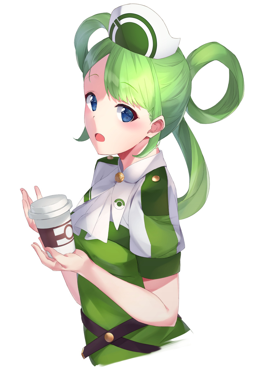 1girl absurdres blue_eyes breasts cup disposable_cup green_hair hair_rings hat highres holding holding_cup long_hair looking_at_viewer nurse_cap open_mouth parted_bangs pokemon pokemon_masters sakusa_(pokemon) short_sleeves simple_background small_breasts solo u-st_(uweiter) upper_body white_background