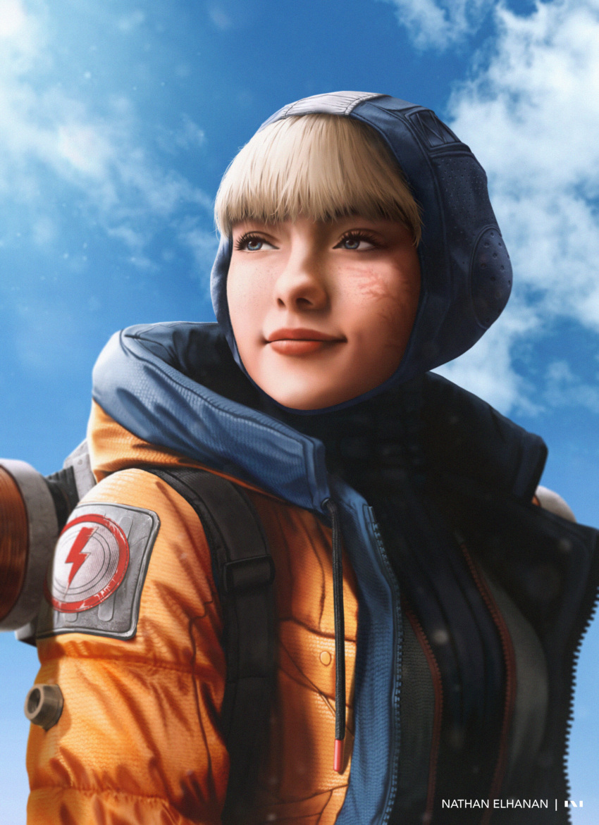 1girl absurdres apex_legends artist_name bangs blonde_hair blue_bodysuit blue_eyes blue_sky blunt_bangs bodysuit breasts closed_mouth clouds cloudy_sky commentary day drawstring english_commentary eyelashes freckles highres jacket lichtenberg_figure lips long_sleeves looking_away medium_breasts nathan_elhanan nose open_clothes open_jacket outdoors portrait short_hair sky smile solo wattson_(apex_legends) zipper