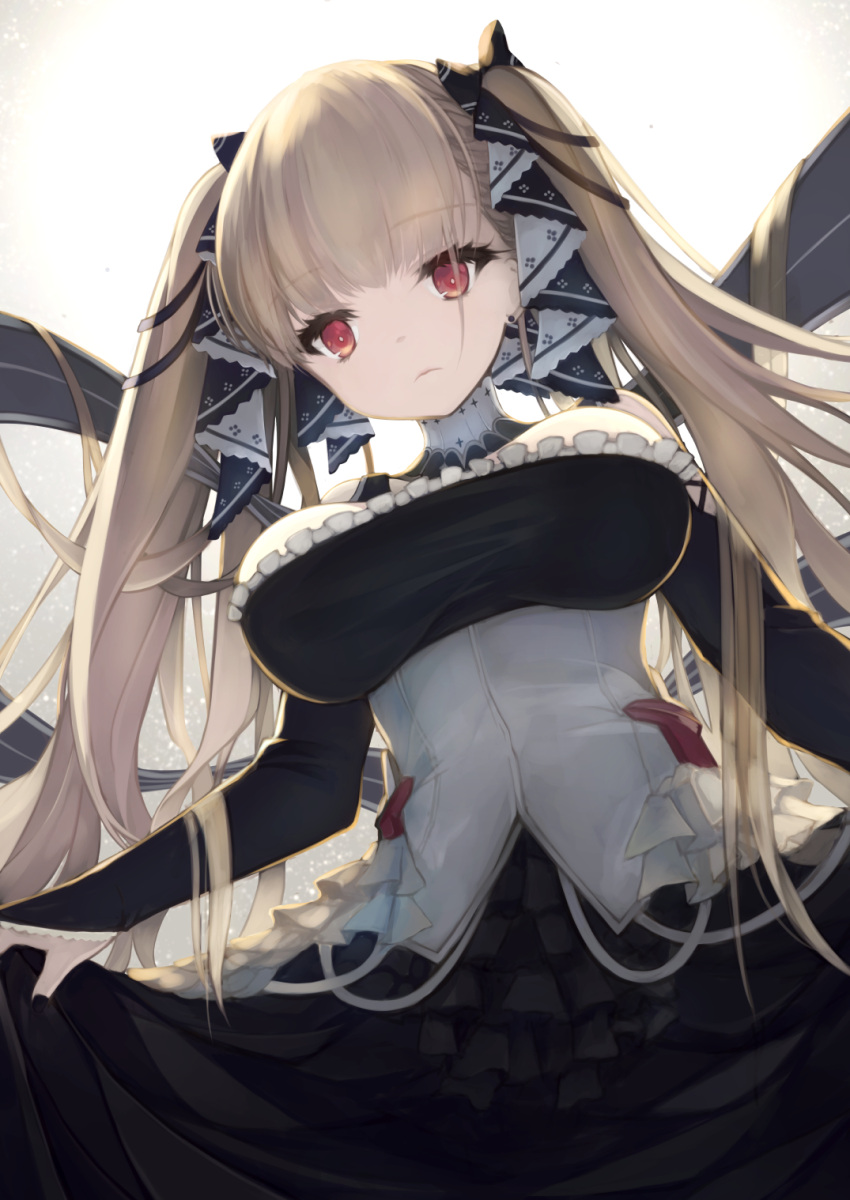 1girl azur_lane bangs black_dress black_nails breasts curtsey dress earrings eyebrows_visible_through_hair flight_deck formidable_(azur_lane) frilled_dress frills from_below hair_ribbon highres jewelry large_breasts long_hair looking_at_viewer looking_down otogi_kyouka platinum_blonde_hair red_eyes ribbon rigging skirt_hold solo twintails two-tone_dress two-tone_ribbon very_long_hair