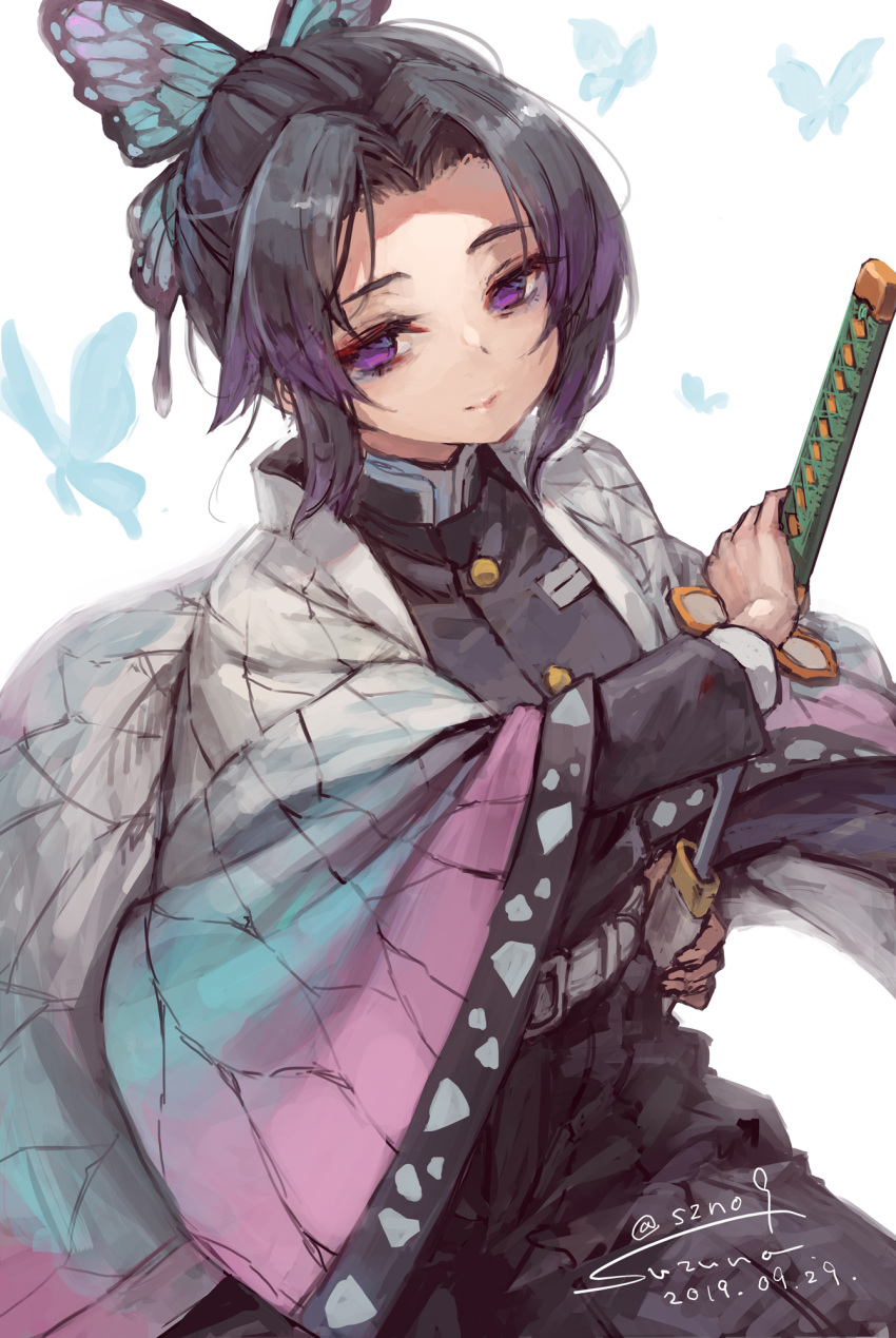 1girl bangs black_hair black_jacket black_pants breasts butterfly_hair_ornament closed_mouth commentary_request dated forehead gradient_hair hair_ornament highres holding holding_sheath holding_sword holding_weapon jacket katana kimetsu_no_yaiba kochou_shinobu long_sleeves medium_breasts multicolored_hair open_clothes pants parted_bangs purple_hair sheath signature simple_background sketch smile solo suzuno_(bookshelf) sword unsheathing violet_eyes weapon white_background wide_sleeves