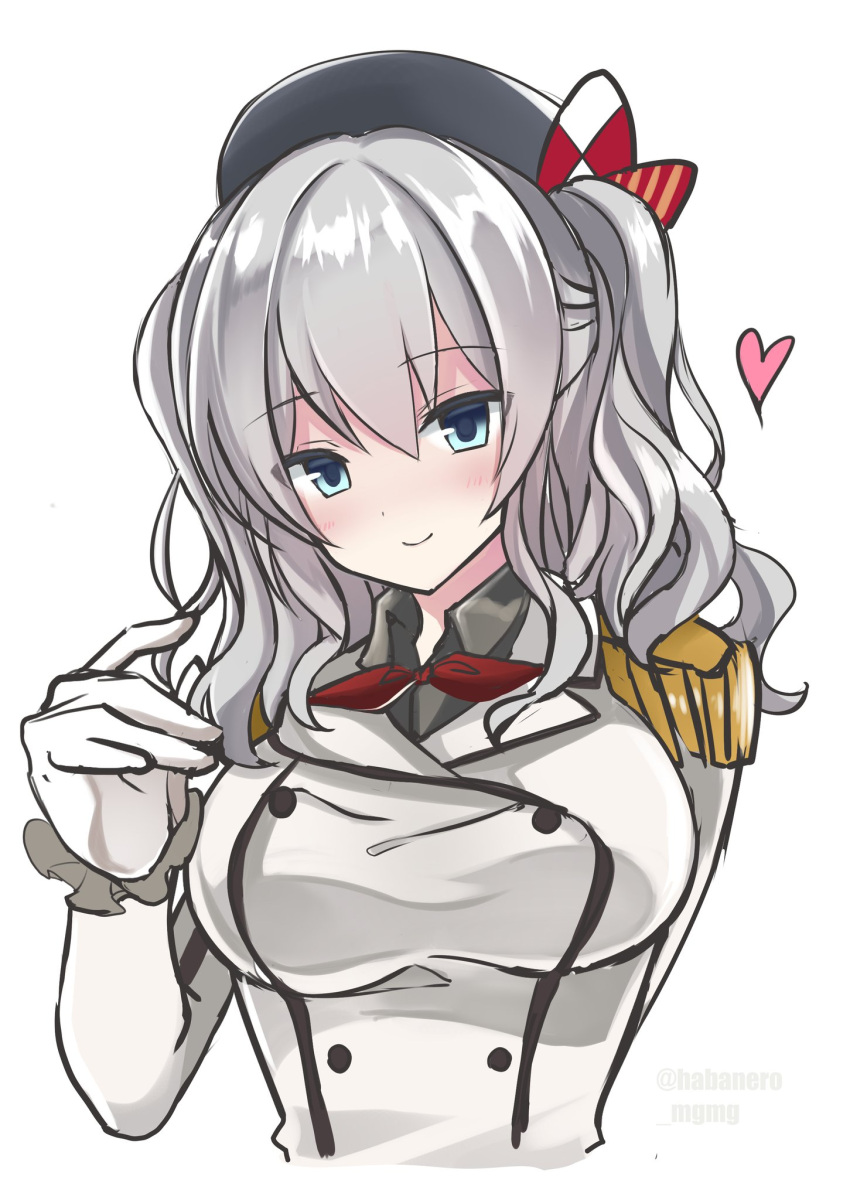 1girl blue_eyes breasts buttons epaulettes eyebrows_visible_through_hair fathom gloves heart highres jacket kantai_collection kashima_(kantai_collection) large_breasts long_sleeves looking_at_viewer military_jacket neckerchief red_neckwear silver_hair simple_background smile solo twintails upper_body wavy_hair white_background white_gloves white_jacket