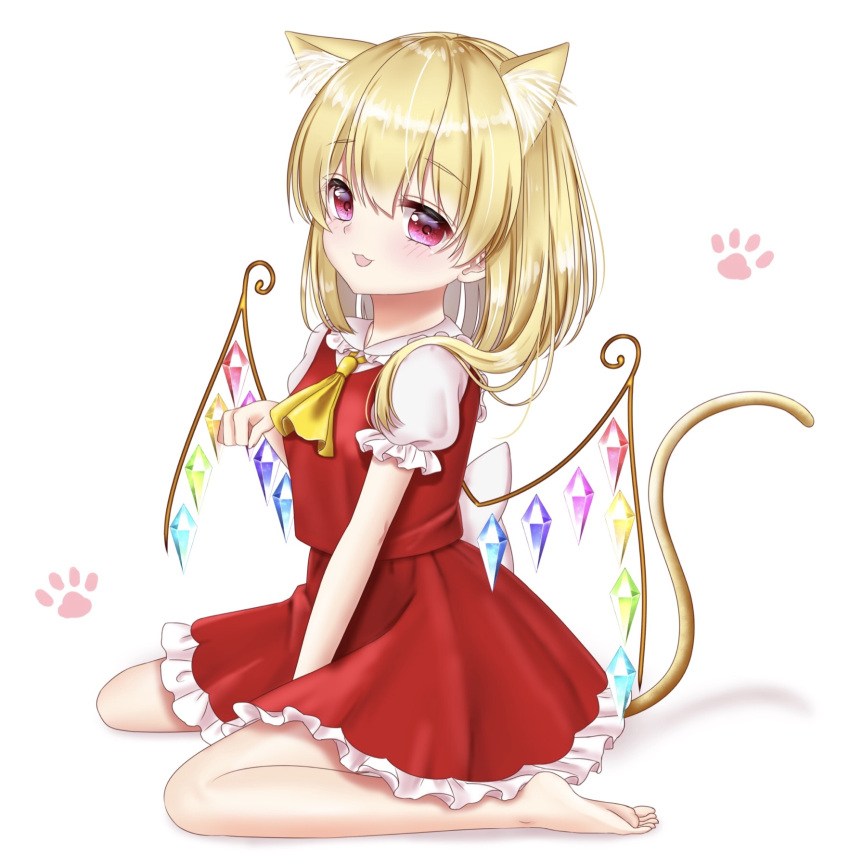 1girl :3 alternate_hairstyle animal_ear_fluff animal_ears arm_up barefoot between_legs blonde_hair blush cat_ears cat_tail commentary_request cravat eyebrows_visible_through_hair flandre_scarlet frilled_shirt_collar frilled_skirt frilled_sleeves frills hair_between_eyes hand_between_legs head_tilt highres kemonomimi_mode looking_at_viewer medium_hair no_headwear nyanyanoruru open_mouth paw_background paw_pose puffy_short_sleeves puffy_sleeves red_eyes red_skirt red_vest shirt short_sleeves sitting skirt solo tail touhou vest wariza white_background white_shirt wings yellow_neckwear