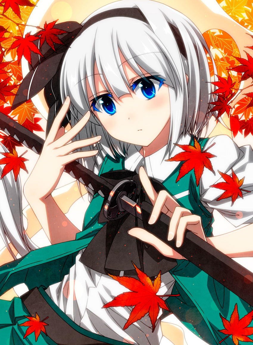 1girl aqua_vest ascot autumn_leaves bangs belt black_belt black_bow black_hairband black_neckwear black_ribbon blue_eyes blush bow bowtie closed_mouth collared_shirt colored_eyelashes commentary_request eyebrows_visible_through_hair fingernails green_skirt green_vest hair_between_eyes hair_ribbon hairband hand_up head_tilt highres hitodama holding holding_sword holding_weapon katana konpaku_youmu konpaku_youmu_(ghost) leaf light_particles looking_at_viewer maple_leaf open_clothes open_vest puffy_short_sleeves puffy_sleeves ribbon sazanami_mio scabbard sheath sheathed shirt short_hair short_sleeves sidelocks silhouette silver_hair skirt solo sword touhou upper_body vest weapon white_shirt