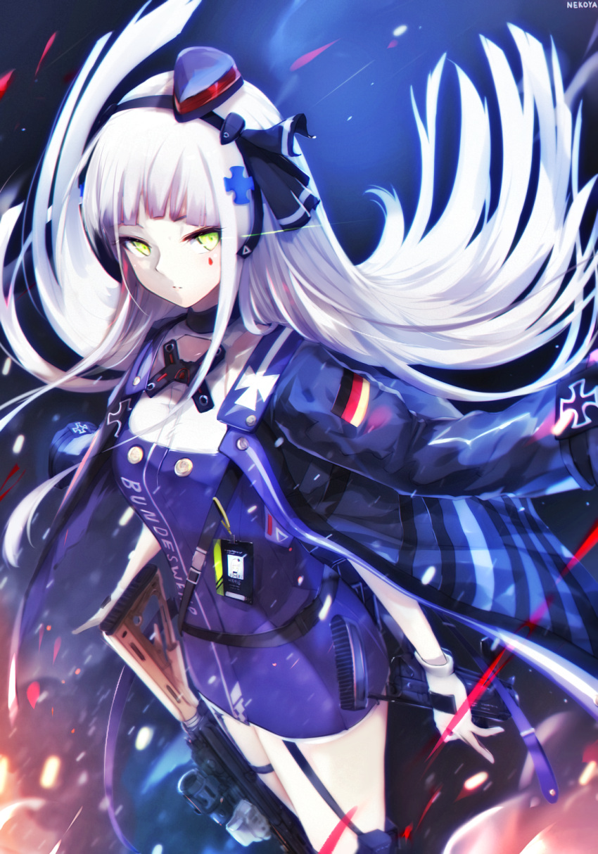 1girl assault_rifle bangs black_hairband black_jacket black_ribbon breasts closed_mouth commentary_request dress dyolf eyebrows_behind_hair facial_mark floating_hair garrison_cap girls_frontline gloves green_eyes gun h&amp;k_hk416 hair_ornament hair_ribbon hairband hat highres hk416_(girls_frontline) iron_cross jacket jacket_on_shoulders long_hair long_sleeves looking_at_viewer mini_hat object_namesake purple_dress purple_headwear revision ribbon rifle signature small_breasts solo very_long_hair weapon white_gloves white_hair