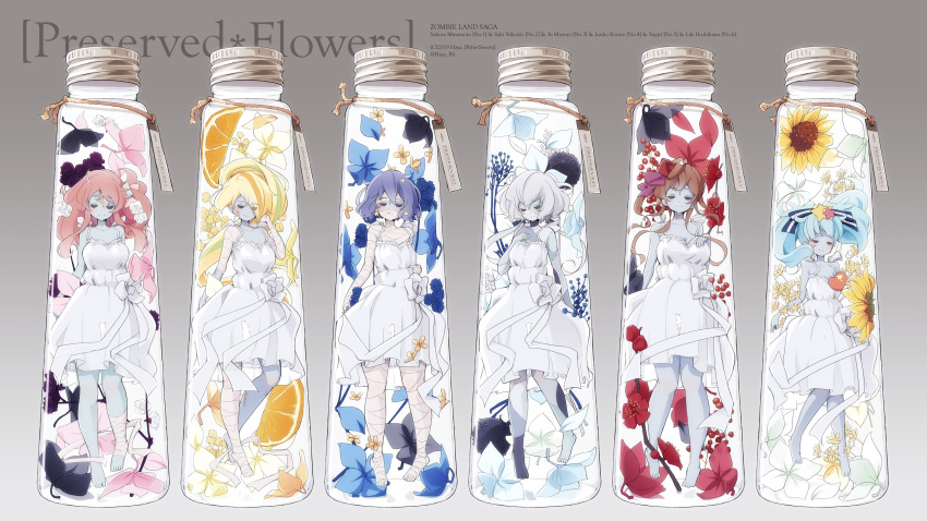 absurdres bandages bangs black_hair blonde_hair blue_hair blue_skin bottle bow closed_eyes commentary_request dango_hair_ornament dress flower food food_themed_hair_ornament forehead_scar fruit green_hair hair_flower hair_ornament hair_ribbon haya_bs heart highres hoshikawa_lily konno_junko long_hair low_twintails minamoto_sakura mizuno_ai multicolored multicolored_hair multicolored_skin multiple_girls neck_scar nikaidou_saki orange orange_hair orange_slice patchwork_skin polka_dot polka_dot_bow redhead ribbon scar see-through short_hair smile star star_hair_ornament stitches streaked_hair string sunflower tag thigh_gap twintails twitter_username white_dress white_hair yuugiri_(mirai_kanojo) yuugiri_(zombie_land_saga) zombie zombie_land_saga