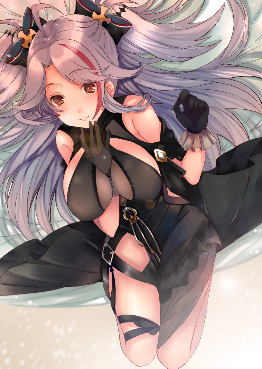 1girl alternate_costume antenna_hair arm_between_breasts arm_support ass azur_lane bangs black_dress blush bow breasts brown_eyes crossed_legs dress gloves hair_between_eyes hair_bow highres large_breasts long_hair looking_at_viewer lying multicolored_hair on_back prinz_eugen_(azur_lane) prinz_eugen_(cordial_cornflower)_(azur_lane) redhead shibaebi_(yasaip_game) sidelocks silver_hair smile solo streaked_hair thighs tongue tongue_out two_side_up very_long_hair