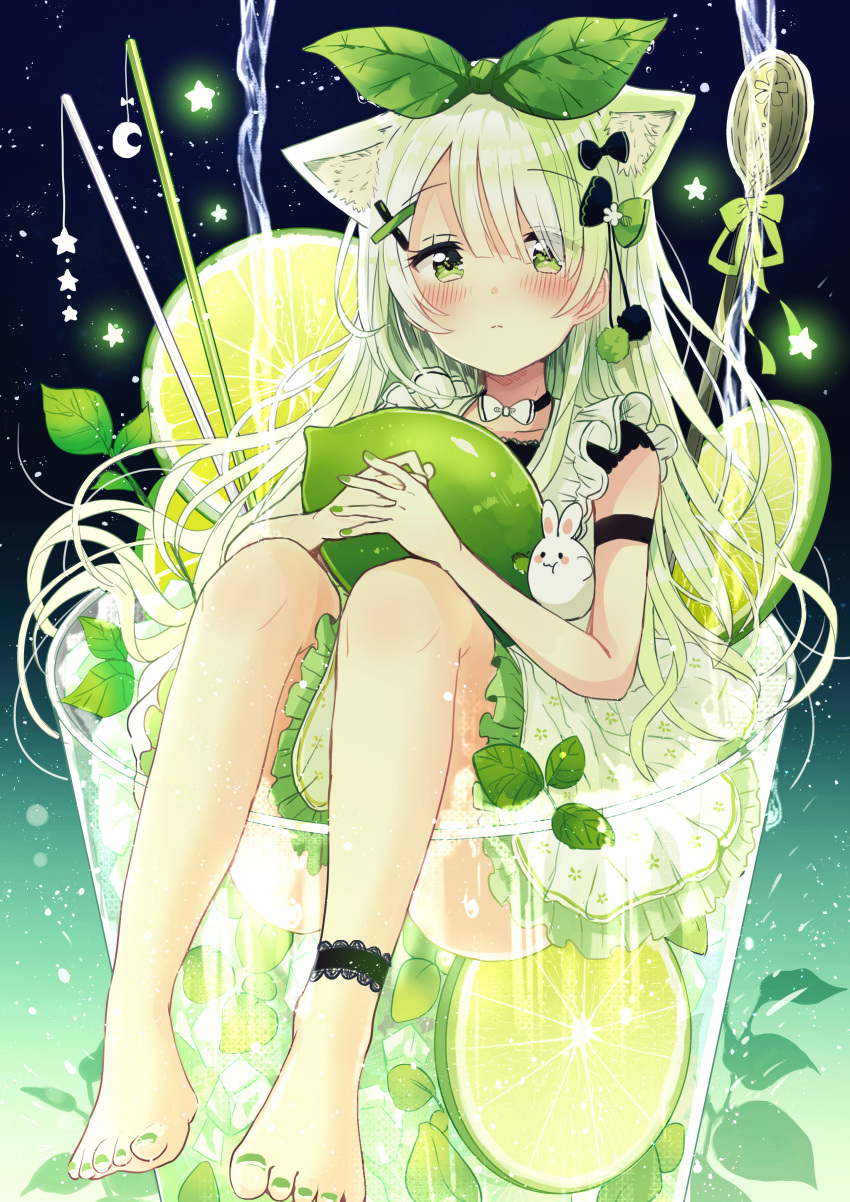 1girl absurdres animal_ear_fluff animal_ears bangs bare_shoulders barefoot black_bow blush bow closed_mouth collarbone commentary_request convenient_leg crescent cup dress drinking_glass eyebrows_visible_through_hair fingernails food frilled_dress frills fruit glowing gradient_hair green_bow green_eyes green_hair green_nails grey_hair hair_bow hair_ornament hair_over_one_eye hairclip hands_together highres in_container leaf_hair_ornament lime_(fruit) lime_slice minigirl multicolored_hair nail_polish original own_hands_together sakura_oriko sleeveless sleeveless_dress solo star toenail_polish toenails white_bow white_dress x_hair_ornament