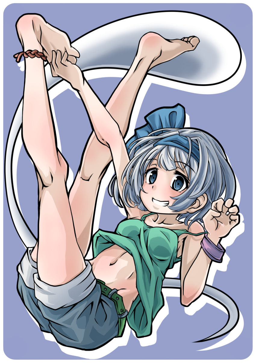 1girl bare_legs barefoot belt blue_eyes blush bob_cut casual claw_pose commentary_request eyebrows_visible_through_hair feet foot_grab full_body hairband highres kneepits konpaku_youmu konpaku_youmu_(ghost) legs_up looking_at_viewer midriff navel pegashi short_hair shorts silver_hair simple_background smile solo spaghetti_strap stretch teeth toes touhou wristband