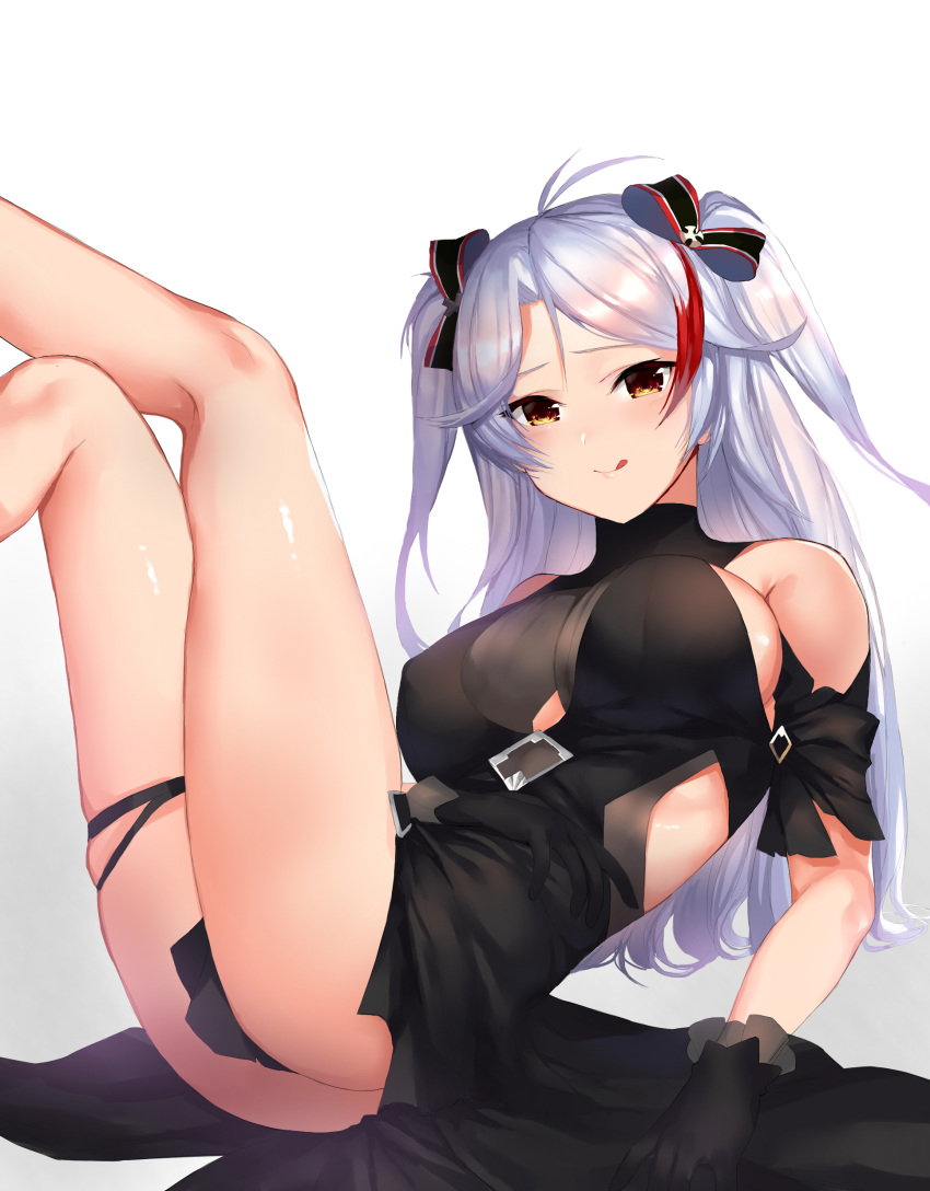1girl :q absurdres alternate_costume antenna_hair arm_support ass azur_lane bangs black_dress blush bow breasts brown_eyes crossed_legs dress gloves hair_between_eyes hair_bow highres large_breasts long_hair looking_at_viewer multicolored_hair prinz_eugen_(azur_lane) prinz_eugen_(cordial_cornflower)_(azur_lane) reclining redhead sidelocks silver_hair smile solo streaked_hair telru thighs tongue tongue_out two_side_up very_long_hair