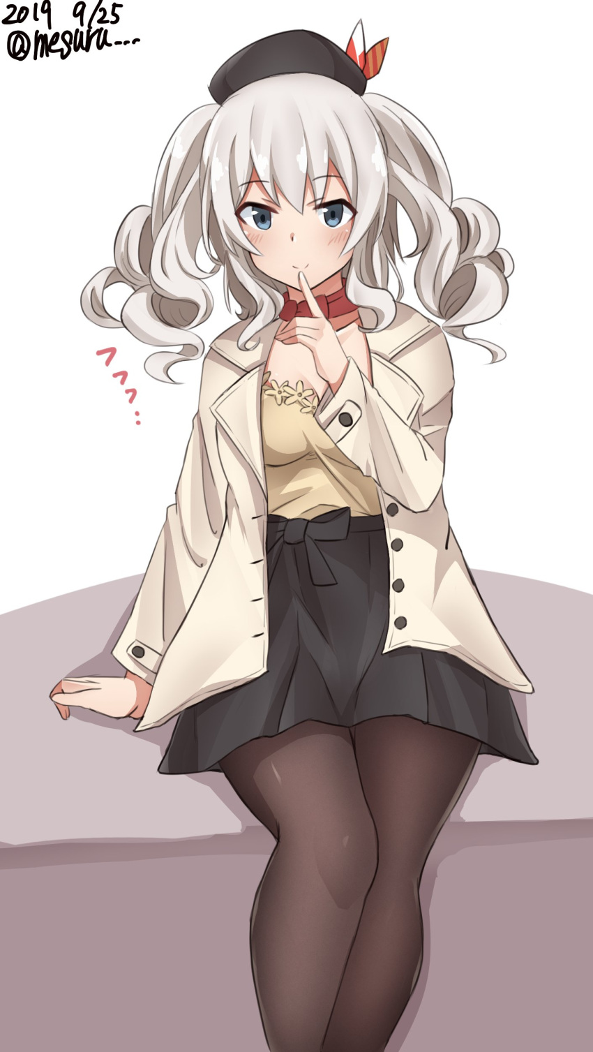 1girl absurdres beret black_headwear black_legwear black_skirt blue_eyes blush brown_coat coat dated eyebrows_visible_through_hair feet_out_of_frame finger_to_mouth hat highres kantai_collection kashima_(kantai_collection) looking_at_viewer meguru_(megurunn) pantyhose silver_hair simple_background sitting skirt smile solo twitter_username wavy_hair