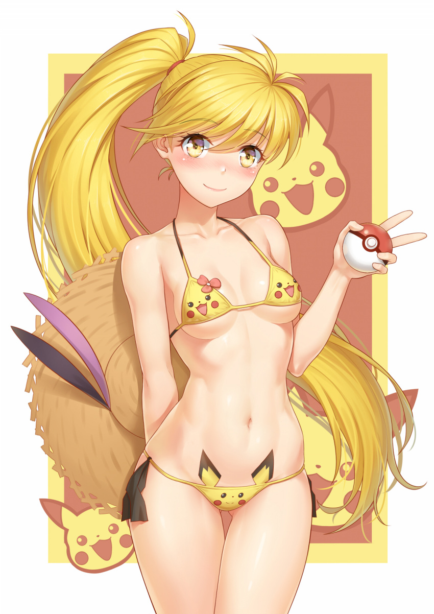 1girl anarchojs arm_behind_back bangs bare_shoulders bikini blonde_hair blush breasts collarbone commentary_request eyebrows_visible_through_hair flower hat highres long_hair looking_at_viewer medium_breasts navel pichu pink_flower pokemon pokemon_special smile solo straw_hat sun_hat swimsuit v very_long_hair yellow_(pokemon) yellow_bikini yellow_eyes