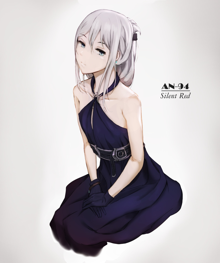 1girl an-94_(girls_frontline) bare_shoulders belt black_dress black_gloves blue_eyes character_name closed_mouth criss-cross_halter dress earrings expressionless folded_ponytail girls_frontline gloves hair_between_eyes halter_dress halterneck hands_together highres jewelry long_hair looking_at_viewer niac silver_hair sitting solo