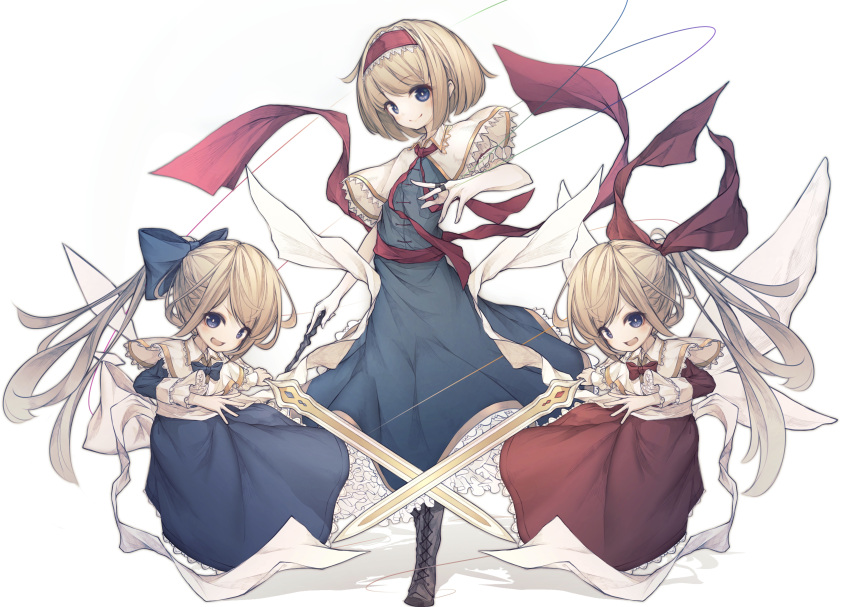 1girl absurdres alice_margatroid back_bow blonde_hair blue_bow blue_dress blue_eyes blush bow capelet commentary dress frilled_dress frilled_sleeves frills hair_bow hair_ribbon hairband highres hito_komoru holding holding_wand hourai_doll long_sleeves open_mouth ponytail puffy_short_sleeves puffy_sleeves puppet_rings puppet_strings red_dress red_hairband red_ribbon ribbon shanghai_doll short_sleeves simple_background smile touhou wand white_background white_bow wings