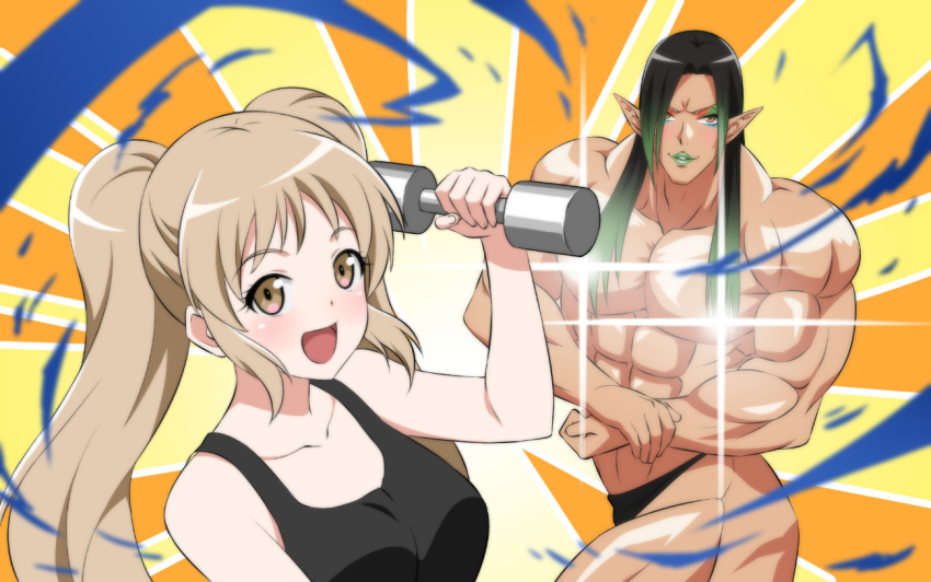 1boy 1girl :d arm_up biceps black_hair black_tank_top blush breasts brown_eyes brown_hair collarbone commentary_request cosplay danberu_nan_kiro_moteru? dumbbell exploding_clothes flexing glint gradient_hair green_hair hanabatake_chaika holding machio_naruzou machio_naruzou_(cosplay) medium_breasts multicolored_hair muscle nijisanji open_mouth parody pose sakura_hibiki_(danberu_nan_kiro_moteru?) sakura_hibiki_(danberu_nan_kiro_moteru?)_(cosplay) shirihime sister_cleaire smile tank_top twintails virtual_youtuber