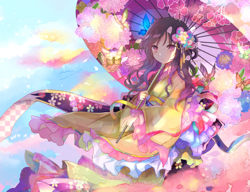 1girl brown_hair bug butterfly commentary_request floral_print flower frilled_sleeves frills hair_flower hair_ornament holding holding_umbrella insect japanese_clothes kazu_(muchuukai) kimono long_hair long_sleeves oriental_umbrella original petals pink_eyes sash sky tassel umbrella wide_sleeves yellow_kimono