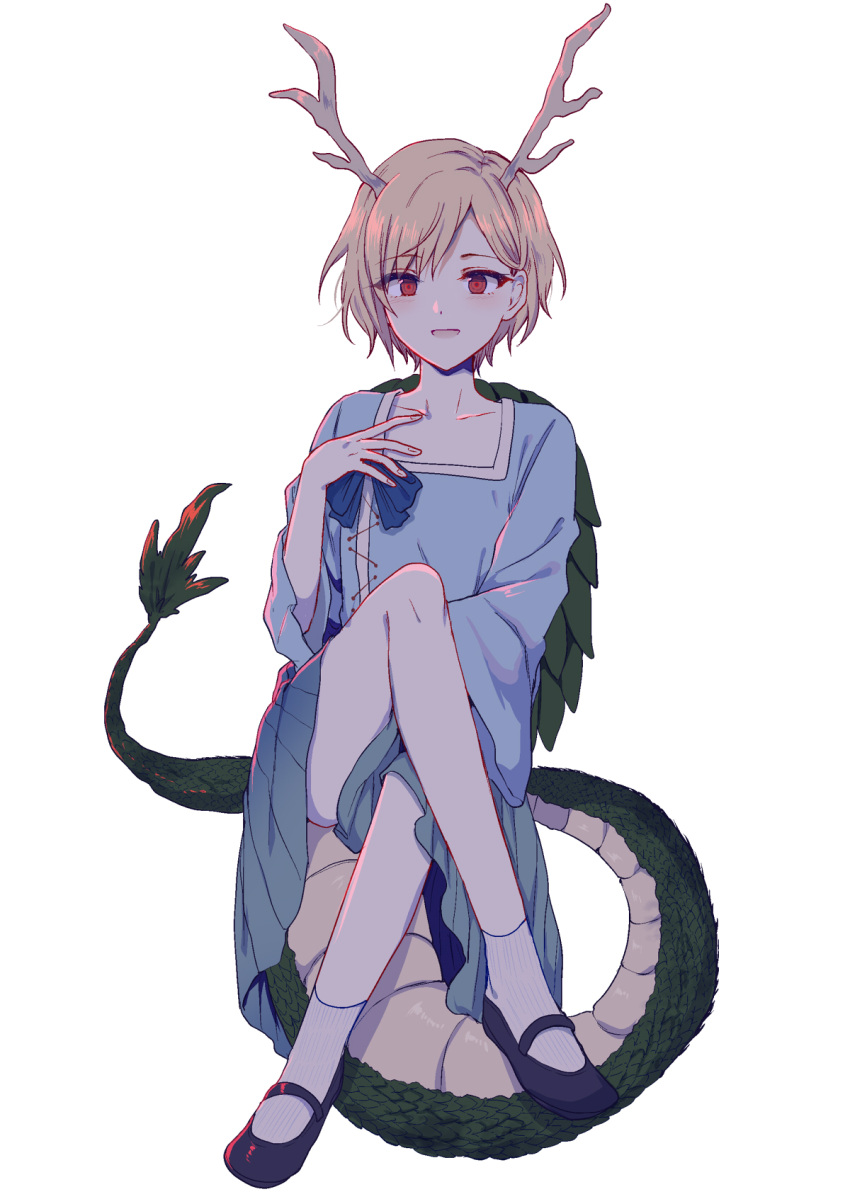 1girl aqua_skirt black_footwear blonde_hair blue_bow blue_shirt bow collarbone crossed_legs dragon_girl dragon_horns dragon_tail eyebrows_visible_through_hair full_body hand_on_own_chest highres horns kicchou_yachie looking_at_viewer mary_janes open_mouth red_eyes shirt shoes short_hair simple_background skirt smile socks solo tail touhou turtle_shell uranaishi_(miraura) white_background white_legwear wide_sleeves