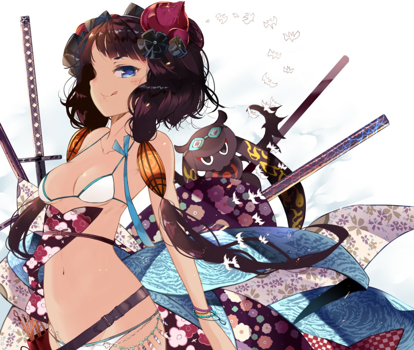 1girl bikini blue_eyes breasts brown_hair fate/grand_order fate_(series) floral_print flower goggles goggles_on_head hair_flower hair_ornament highres katana katsushika_hokusai_(fate/grand_order) katsushika_hokusai_(swimsuit_saber)_(fate) leg_belt licking_lips long_hair low_twintails multiple_swords navel small_breasts solo spaghetti_strap swimsuit sword tokitarou_(fate/grand_order) tongue tongue_out twintails venomrobo weapon white_bikini