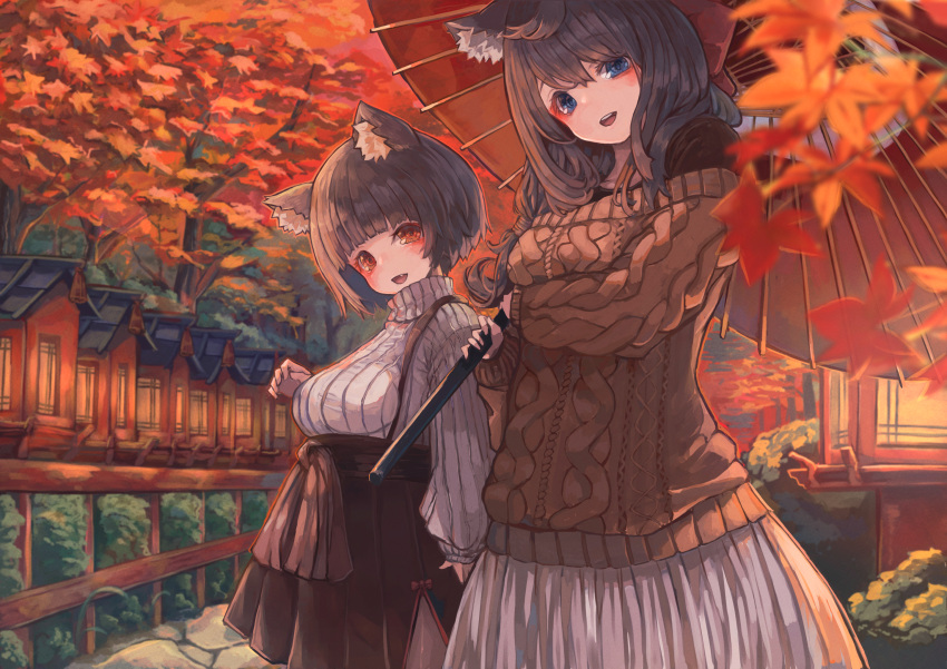 2girls alternate_costume animal_ear_fluff animal_ears architecture autumn autumn_leaves azur_lane bangs black_hair blue_eyes blunt_bangs blush breasts cat_ears cobblestone commentary_request day east_asian_architecture eyeshadow falling_leaves fang forest fusou_(azur_lane) hakama_skirt high-waist_skirt highres large_breasts leaf long_hair looking_at_viewer makeup multiple_girls nature nyucha open_mouth oriental_umbrella outdoors path red_eyes ribbed_sweater short_hair skirt smile standing straight_hair sweater tree umbrella wavy_hair yamashiro_(azur_lane)
