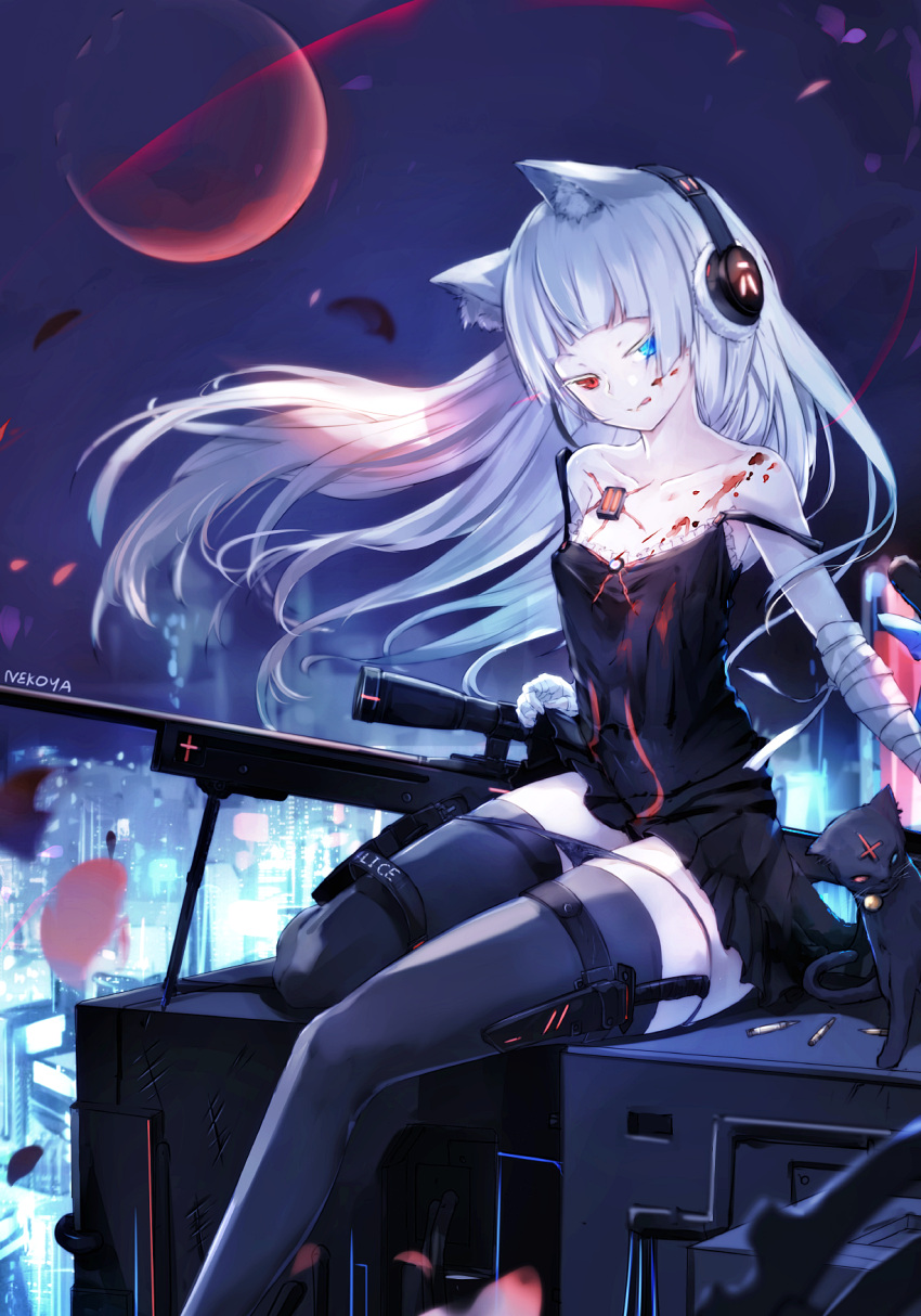 1girl ai_arctic_warfare animal animal_ear_fluff animal_ears awp_(girls_frontline)_(dyolf) bandaged_arm bandaged_hands bandages black_cat black_dress black_legwear blood blue_eyes bolt_action breasts bullet cat cityscape closed_mouth collarbone colored_eyelashes commentary_request dress dress_lift dyolf feet_out_of_frame floating_hair girls_frontline gun headphones heterochromia highres lifted_by_self long_hair looking_at_viewer night night_sky original outdoors red_eyes revision rifle signature silver_hair sitting sky sleeveless sleeveless_dress small_breasts sniper_rifle sniper_scope solo strap_slip tally thigh-highs tongue tongue_out very_long_hair weapon
