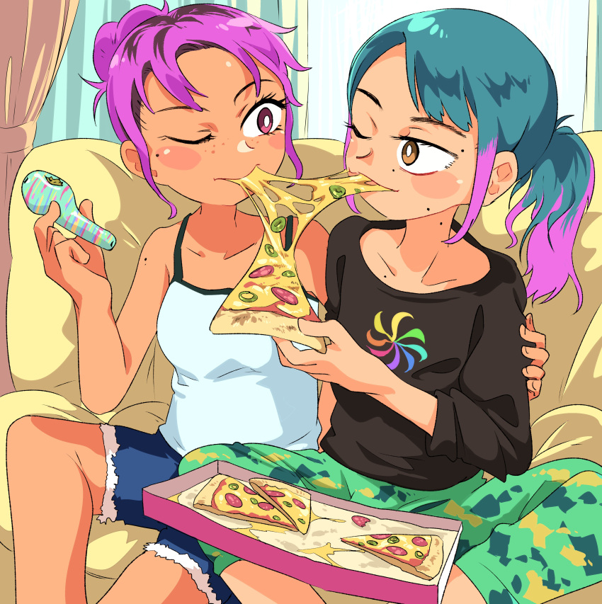 2girls absurdres bong brown_eyes camouflage camouflage_pants couch curtains denim denim_shorts food food_in_mouth freckles green_hair highres marijuana mole mole_above_mouth mole_on_neck multiple_girls one_eye_closed original pants pizza pizza_box purple_hair ratsuparu red_eyes sharing_food shirt shorts tank_top yuri