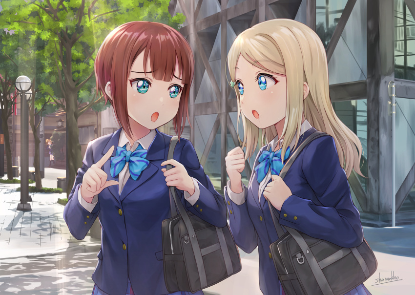 3girls :o ^_^ ayase_arisa bag bangs blazer blonde_hair blue_bow blue_eyes blue_jacket blue_neckwear blue_skirt bow bowtie brown_hair building closed_eyes collared_shirt commentary_request day dress_shirt eyebrows_visible_through_hair green_eyes hair_bow hair_ornament hairclip hand_up highres index_finger_raised jacket kousaka_honoka kousaka_yukiho lamppost long_hair long_sleeves looking_at_another love_live! love_live!_school_idol_project multiple_girls one_side_up open_mouth orange_hair otonokizaka_school_uniform outdoors own_hands_together parted_bangs school_bag school_uniform shamakho shiny shiny_hair shirt short_hair sidelocks signature skirt standing striped striped_neckwear sunlight tree upper_body white_shirt yellow_bow