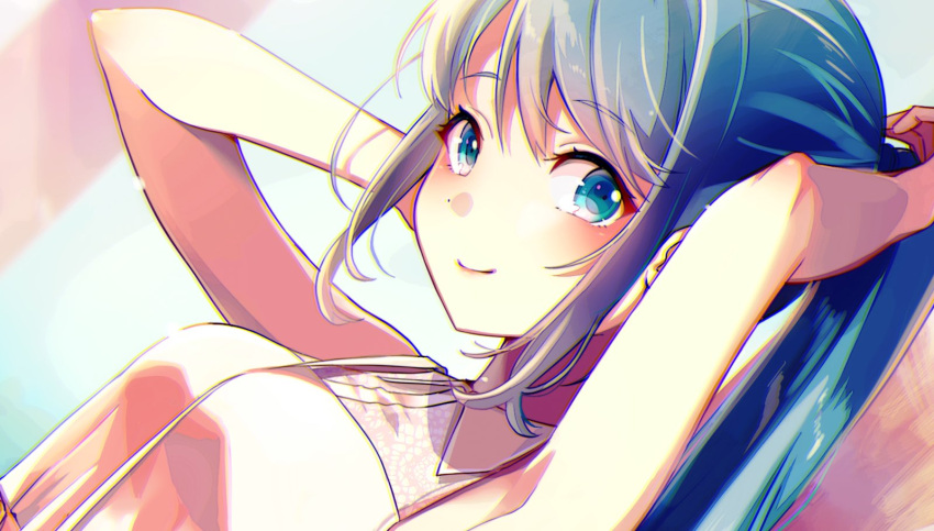 1girl arms_up bangs blue_eyes blue_hair blunt_bangs blurry blurry_background blush bokeh breasts close-up collared_shirt commentary depth_of_field dot_nose dutch_angle eyebrows_visible_through_hair eyelashes hand_in_hair happy hatsune_miku light_particles long_sleeves looking_at_viewer medium_breasts nou parted_bangs ponytail shirt simple_background sleeveless sleeveless_shirt smile solo upper_body vocaloid white_shirt
