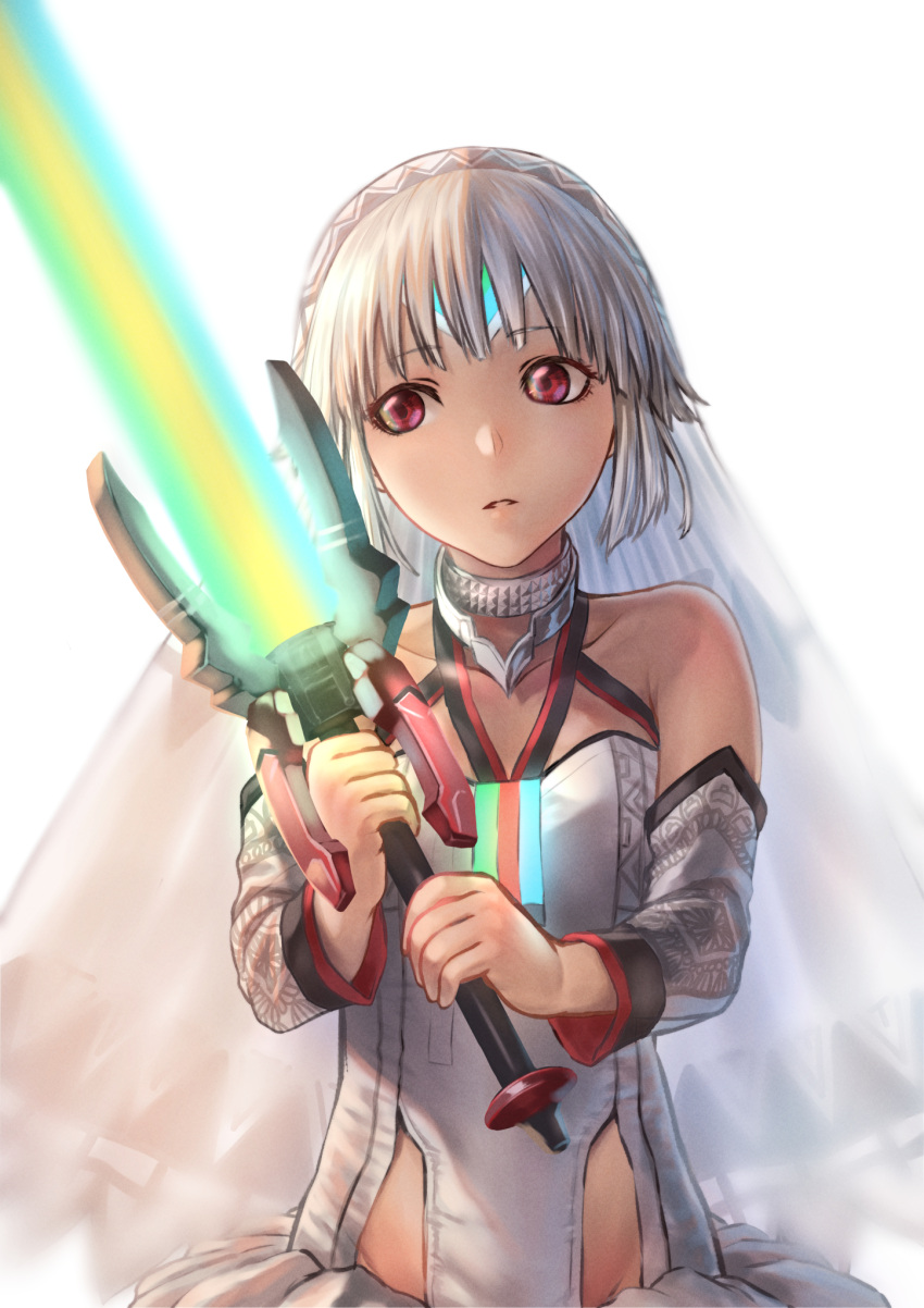 1girl albino altera_(fate) arm_warmers choker collarbone fate/extella fate/extella_link fate/extra fate_(series) highres holding holding_sword holding_weapon leotard long_hair looking_to_the_side mugetsu2501 parted_lips photon_ray red_eyes simple_background solo sword weapon white_background white_hair white_leotard younger