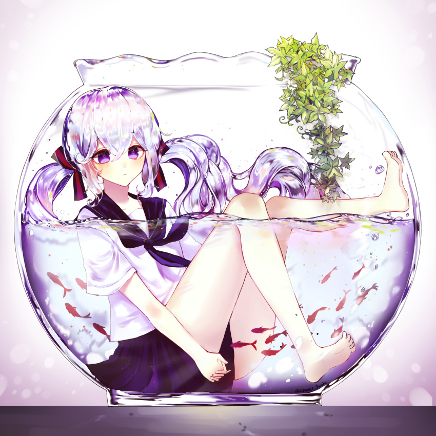 1girl absurdres animal aqua_hair aquarium artist_name bangs barefoot blush bottle bottle_miku closed_mouth fish goldfish hair_between_eyes hair_ribbon hatsune_miku highres legs liquid_hair long_hair looking_at_viewer plant plus_heart purple_hair ribbon school_uniform serafuku simple_background sitting skirt solo twintails very_long_hair violet_eyes vocaloid water white_background