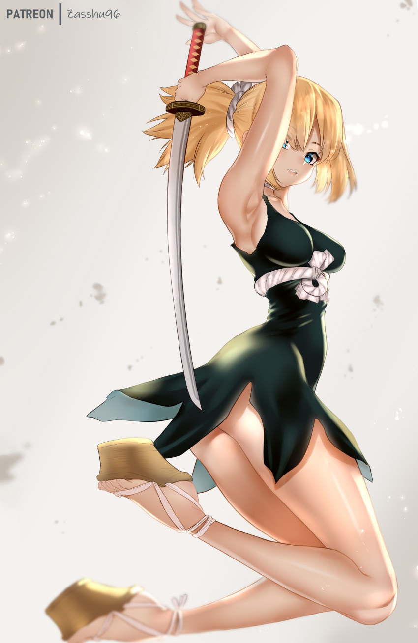 1girl absurdres armpits arms_up artist_name ass bangs bare_shoulders black_dress blonde_hair blue_eyes blurry breasts brown_footwear commentary_request depth_of_field dr._stone dress english_commentary eyebrows_visible_through_hair hair_ornament highres holding holding_sword holding_weapon katana kohaku_(dr._stone) legs long_hair looking_at_viewer looking_back medium_breasts parted_lips ponytail rope rope_belt sandals sidelocks simple_background sleeveless sleeveless_dress solo sword thighs weapon white_background zasshu
