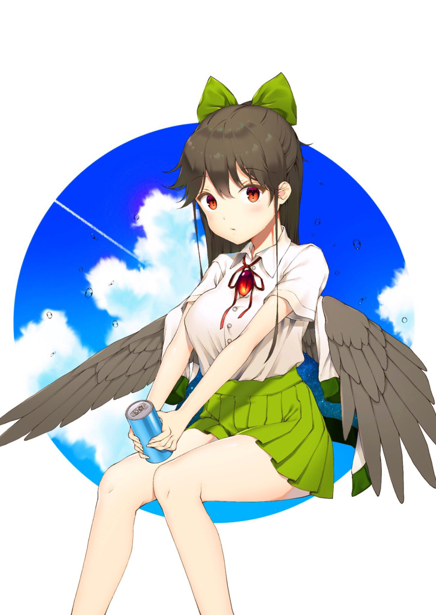 1girl adapted_costume bird_wings black_hair blue_sky bow breasts can cape clouds condensation_trail expressionless eyebrows_visible_through_hair feathered_wings feet_out_of_frame green_bow hair_between_eyes hair_bow half_updo highres holding holding_can kurokawa_(kurokawa_1_1) large_breasts looking_at_viewer miniskirt outstretched_arms red_eyes red_ribbon reiuji_utsuho ribbon shirt short_sleeves sitting skirt sky soda_can solo space_print starry_sky_print third_eye touhou water_drop white_shirt wings