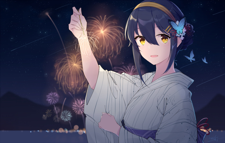 1girl :d alternate_costume black_hair brown_eyes bug butterfly butterfly_hair_ornament fireworks flower hair_between_eyes hair_bun hair_flower hair_ornament hairband hairclip haruna_(kantai_collection) highres ieufg insect japanese_clothes kantai_collection kimono looking_at_viewer night open_mouth senkou_hanabi smile sparkler upper_body yellow_hairband yukata